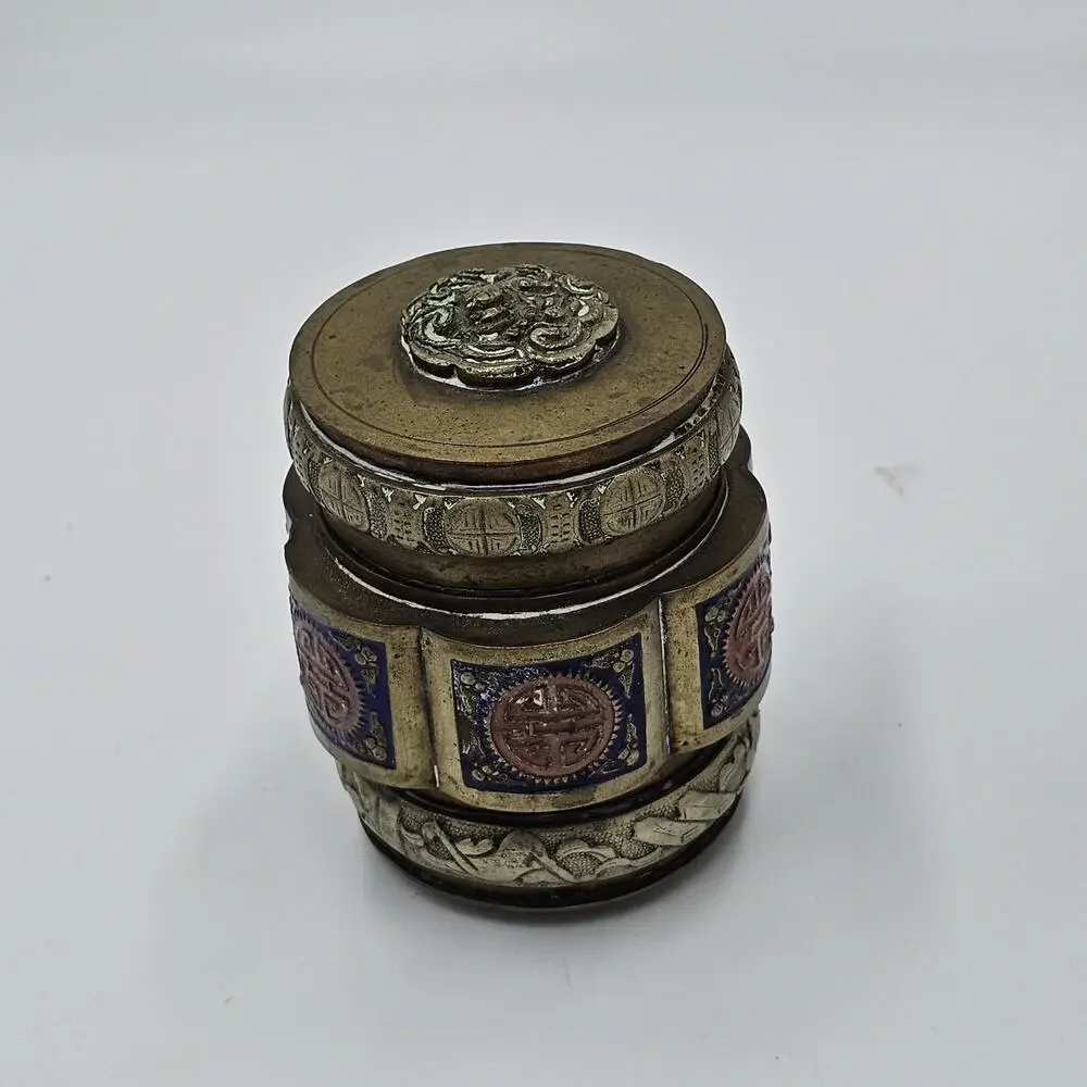 Vintage Chinese Lidded Enamel Brass Tea Caddy Snuff Jar Blue Red